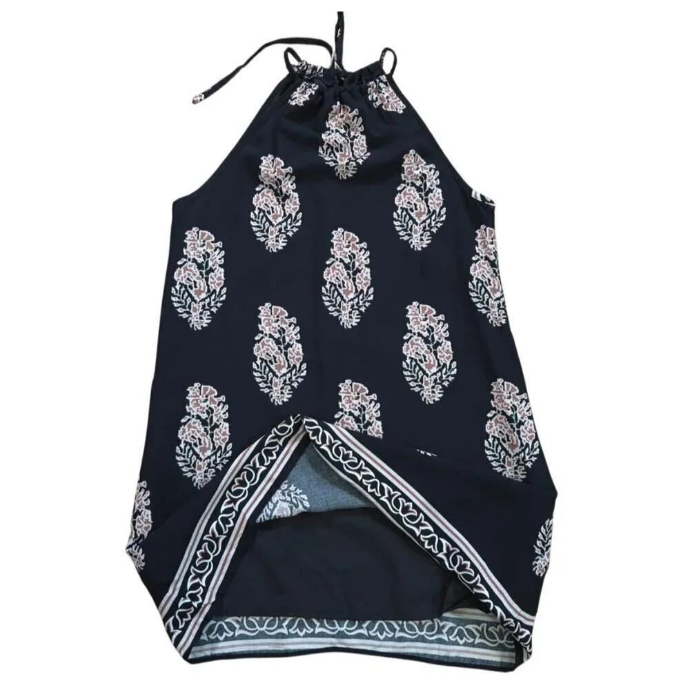 Black Floral Halter Dress Womens XS Sleeveless Tie Back Summer Boho Mini Dress